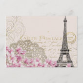 Vintager Pariser Eiffelturm Rosa Blüten Hochzeit Begleitkarte (Rückseite)