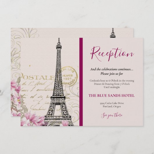 Vintager Pariser Eiffelturm Rosa Blüten Hochzeit Begleitkarte (Vorne/Hinten)