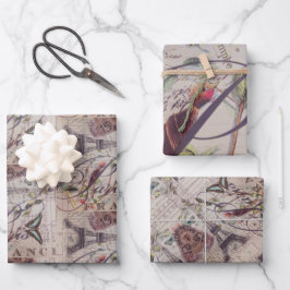 Vintager Pariser Vogel Botanischer Eiffelturm Geschenkpapier Set