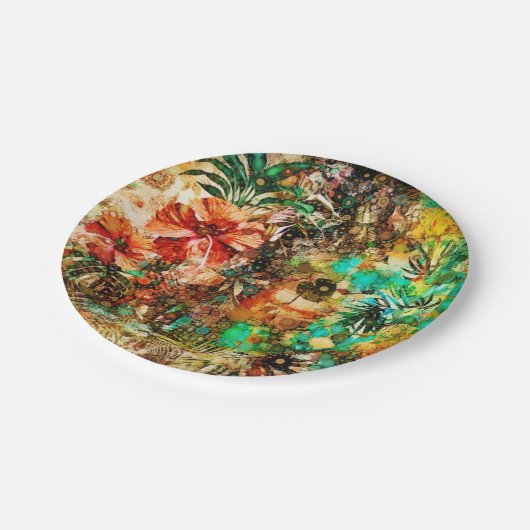 Vintager Parrot-Jungle-Hibiskus Pappteller (Schrägansicht)