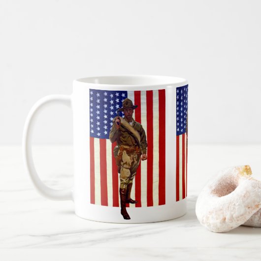 Vintager Patrioter Soldat mit amerikanischer Flagg Kaffeetasse (Mit Donut)