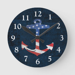 Vintager patriotischer amerikanische Flaggen-Anker Runde Wanduhr