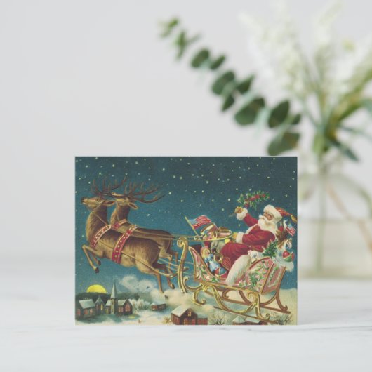 Vintager Patriotischer Weihnachtsmann und Schlitte Postkarte (Stehend Vorderseite)