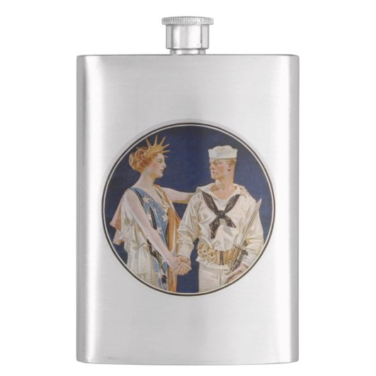 Vintager Patriotismus, Lady Liberty mit Marine Sea Flachmann (Vorderseite)