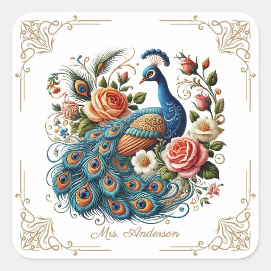 Vintager Peacock Bird Blumenstrauch Quadratischer Aufkleber (Vorderseite)