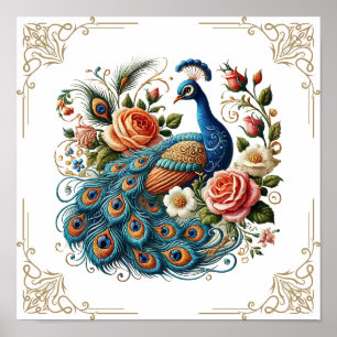 Vintager Peacock Bird Flora Poster