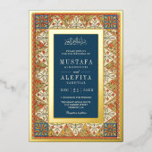 Vintager persischer Rahmen Blaumuslime Hochzeit Go Folieneinladung (Vorderseite)