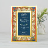 Vintager persischer Rahmen Blaumuslime Hochzeit Go Folieneinladung (Stehend vorne)