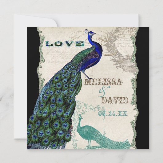 Vintager Pfau 5 - Einladung zur feierlichen Hochze (Vorderseite)