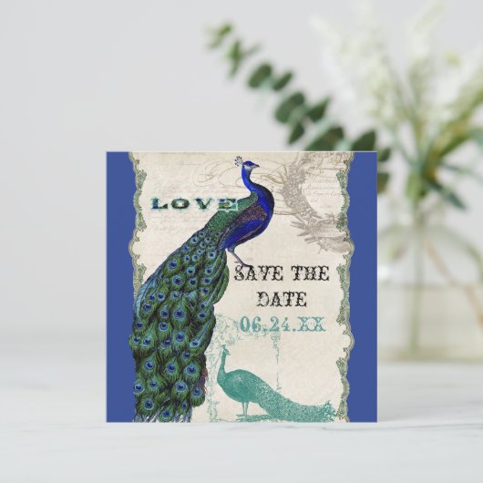 Vintager Pfau 5 - Save the Date (Stehend Vorderseite)