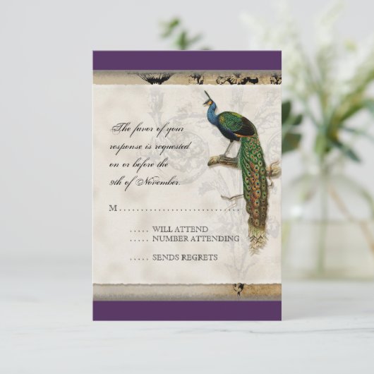 Vintager Pfau 6 - Einladung zur Hochzeit (Stehend Vorderseite)