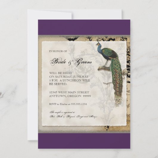 Vintager Pfau 6 - Einladung zur Hochzeit (Vorderseite)