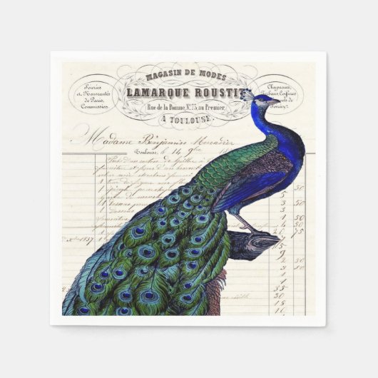 Vintager Pfau auf der französischen Ephemera Serviette (Vorderseite)
