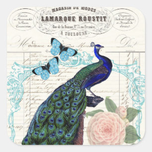 Vintager Pfau auf der französischen Ephemerakolage Quadratischer Aufkleber