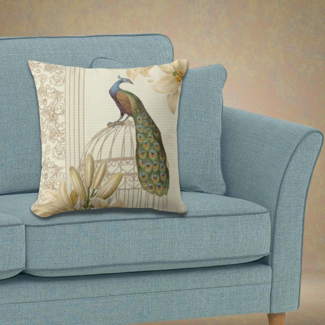 Vintager Pfau der französischen Lilie im Jugendsti Kissen (art nouveau french lily vintage birdcage peacock throw pillow)