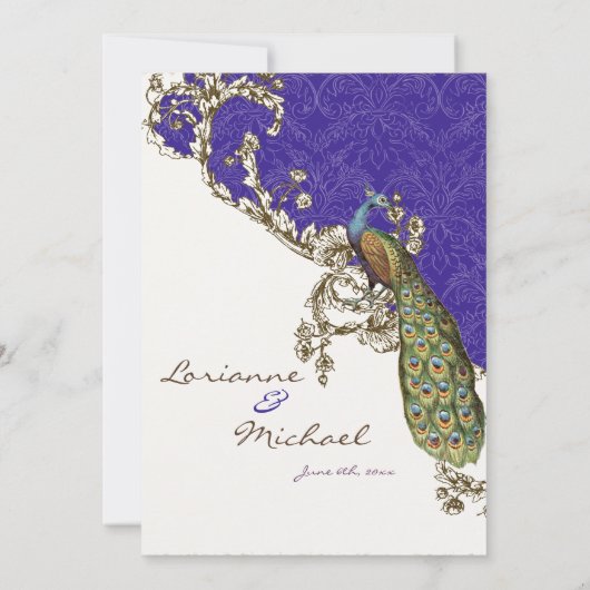 Vintager Pfau & Etching Hochzeit Einladung Weiß (Rückseite)