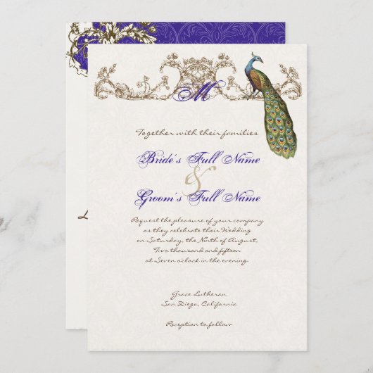 Vintager Pfau & Etching Hochzeit Einladung Weiß (Vorne/Hinten)