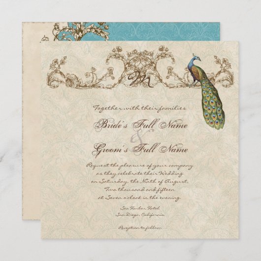 Vintager Pfau & Etchings Einladung zur Hochzeit (Vorne/Hinten)