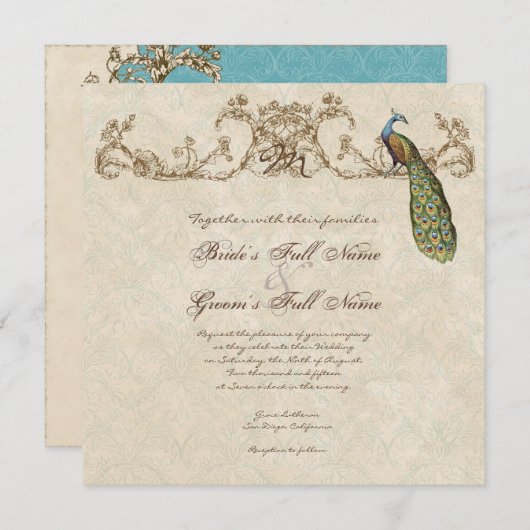 Vintager Pfau & Etchings Einladung zur Hochzeit (Vorne/Hinten)