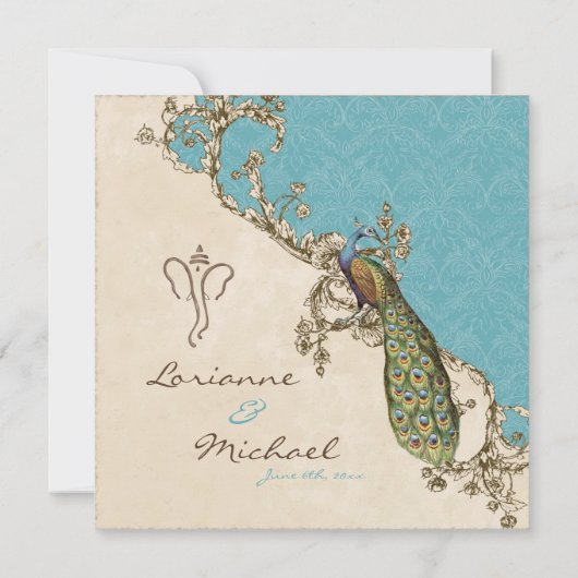 Vintager Pfau & Etchings Einladung zur Hochzeit (Rückseite)