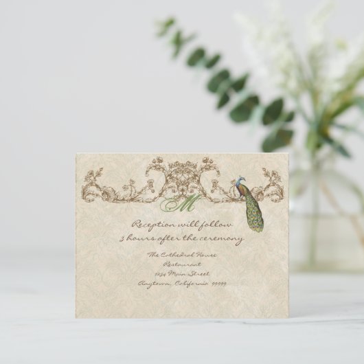 Vintager Pfau & Etchings Empfang Einladung (Stehend Vorderseite)