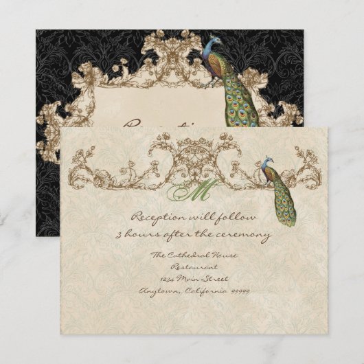Vintager Pfau & Etchings Empfang Einladung (Vorne/Hinten)