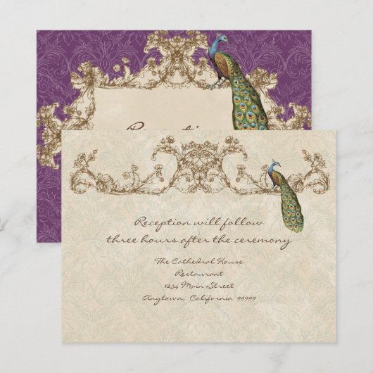 Vintager Pfau & Etchings Empfang Einladung (Vorne/Hinten)