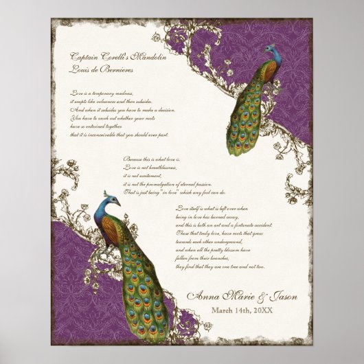 Vintager Pfau & Etchings - Hochzeit Personalisiert Poster (Vorne)