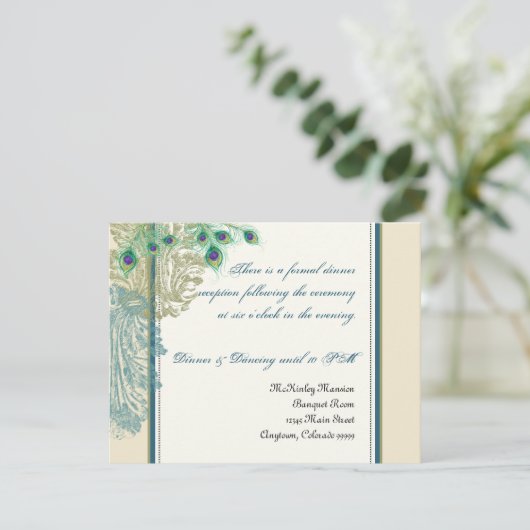 Vintager Pfau, Feathers Empfang Einladung (Stehend Vorderseite)