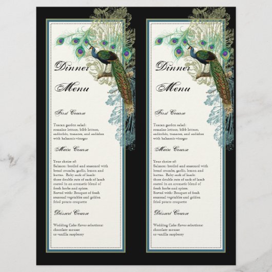 Vintager Pfau, Federn, 2-fach, Dinner-Menü-Blatt (Vorderseite)