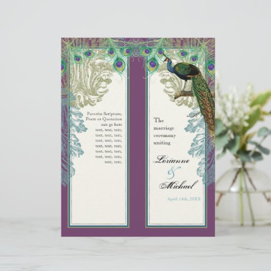 Vintager Pfau, Federn - Hochzeitsprogramm (Stehend Vorderseite)