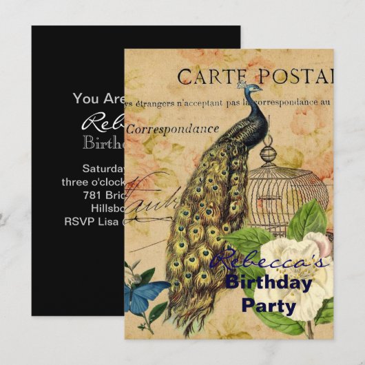 Vintager Pfau französischen botanischen Kamelie Einladung (Vorne/Hinten)