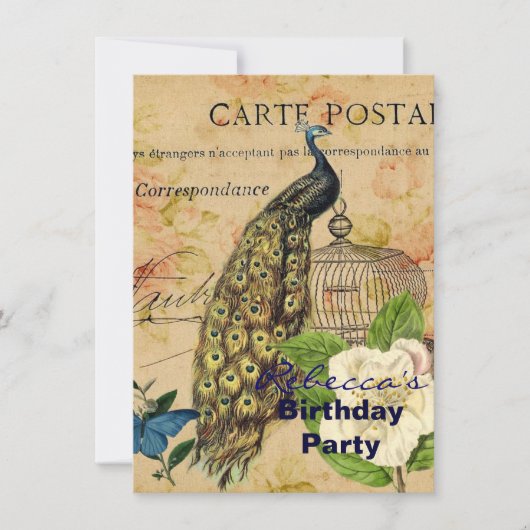 Vintager Pfau französischen botanischen Kamelie Einladung (Vorderseite)