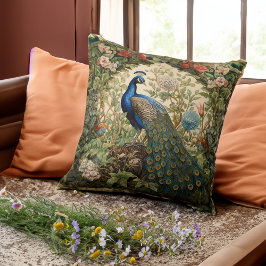 Vintager Pfau im Blumengarten Kissen
