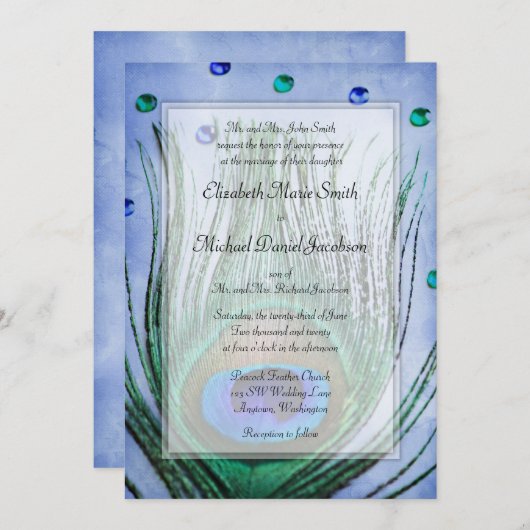 Vintager Pfau Jewels blaue Hochzeit Einladung (Vorne/Hinten)