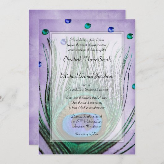 Vintager Pfau Jewels lila Hochzeit Einladung (Vorne/Hinten)