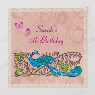Vintager Pfau-Lacy rosa Geburtstag Einladung