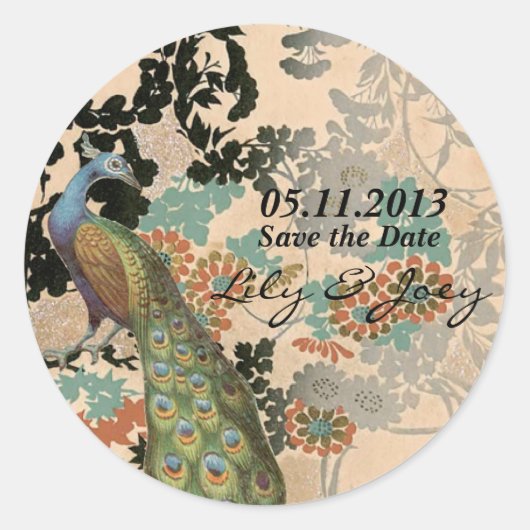 Vintager Pfau Runder Aufkleber (Vorderseite)