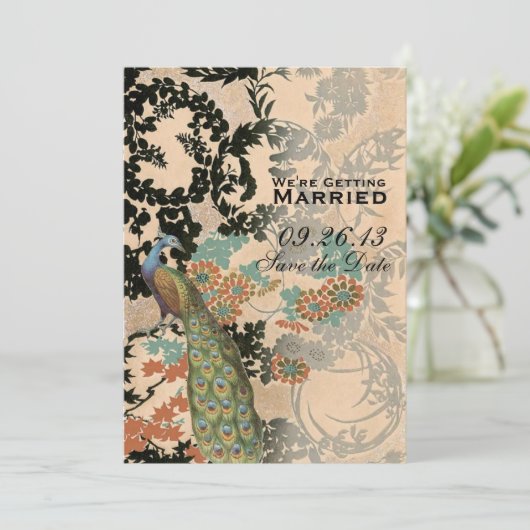 Vintager Pfau Save The Date (Stehend Vorderseite)