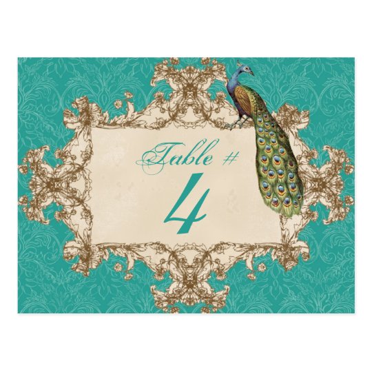 Vintager Pfau u. Radierungen, Tischnummer-Karte Postkarte
