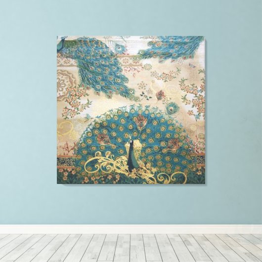 Vintager Pfau - ummantelte Canvas Leinwanddruck (Insitu (Holzboden))