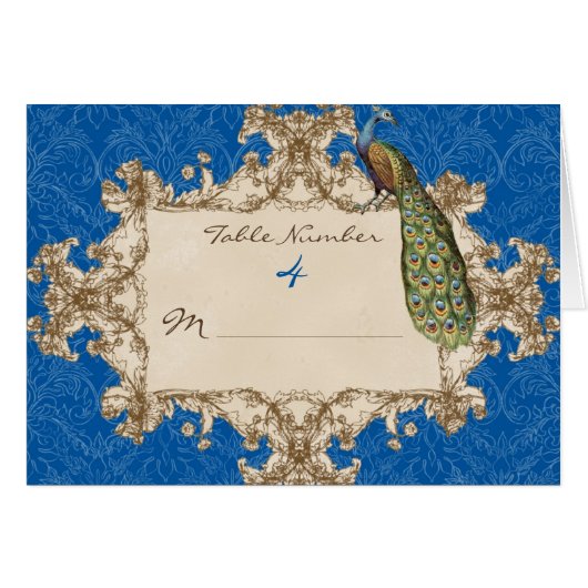 Vintager Pfau-Wedding Tischnummer-Sitzplatz-Karten (Vorderseite (Horizontal))