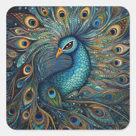 Vintager Pfauenstil Quadratischer Aufkleber (Vorderseite)