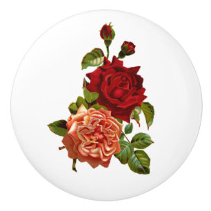 Vintager Pfirsich und Rote Rosen Möbelknöpfe Keramikknauf