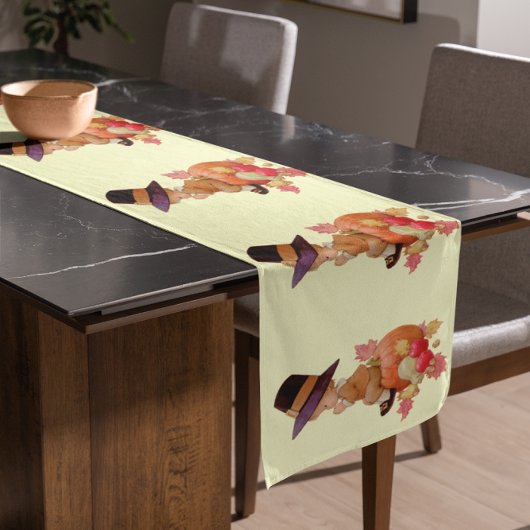 Vintager Pilgrim Boy betet auf Pumpkin Kurzer Tischläufer