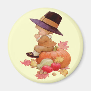 Vintager Pilgrim Boy betet auf Pumpkin Magnet