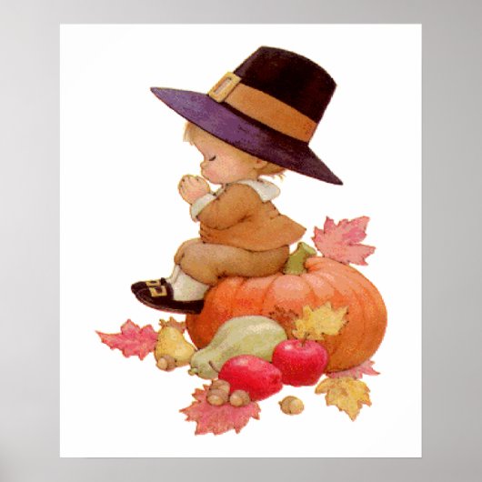 Vintager Pilgrim Boy betet auf Pumpkin Poster (Vorne)