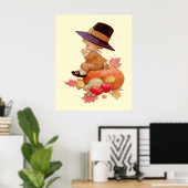 Vintager Pilgrim Boy betet auf Pumpkin Poster (Heimbüro)