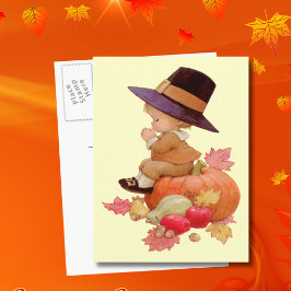 Vintager Pilgrim Boy betet auf Pumpkin Postkarte