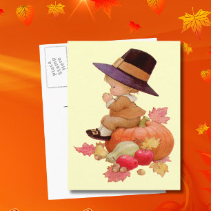 Vintager Pilgrim Boy betet auf Pumpkin Postkarte